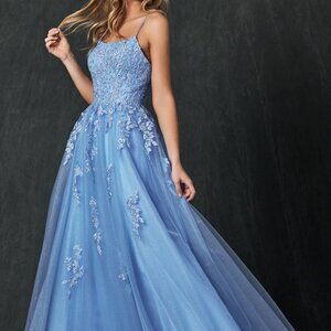 Floral Applique Corset Tulle Gown by Juliet 260